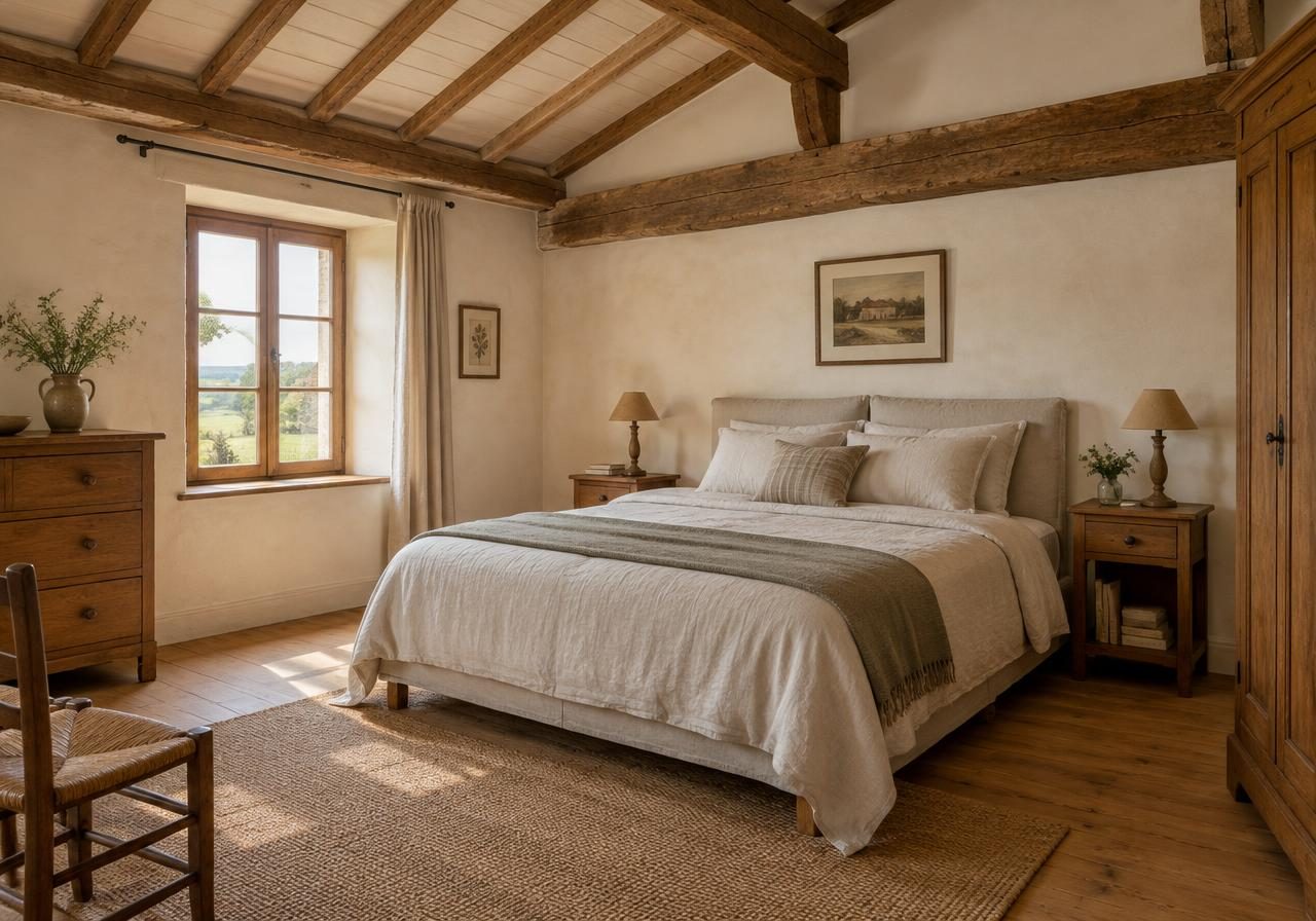 Illustration de chambre rustique avec poutres, murs crème et lit en lin